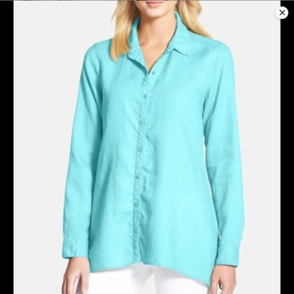 EILEEN FISHER Aqua Blue Organic Irish Linen Tunic Top Side Slits - Large - Picture 4 of 16